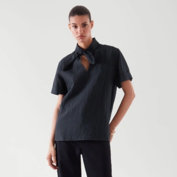 COS Minimalist Rare Piece Marine Bow Tie Short Sleeve Top Blouse Women 32 / S - Picture 1 of 8